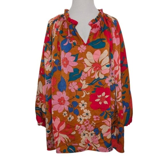 Entro Floral Vibrant Blooms Shirt Womens Size Large Orange Oversized Blouse - Picture 1 of 10